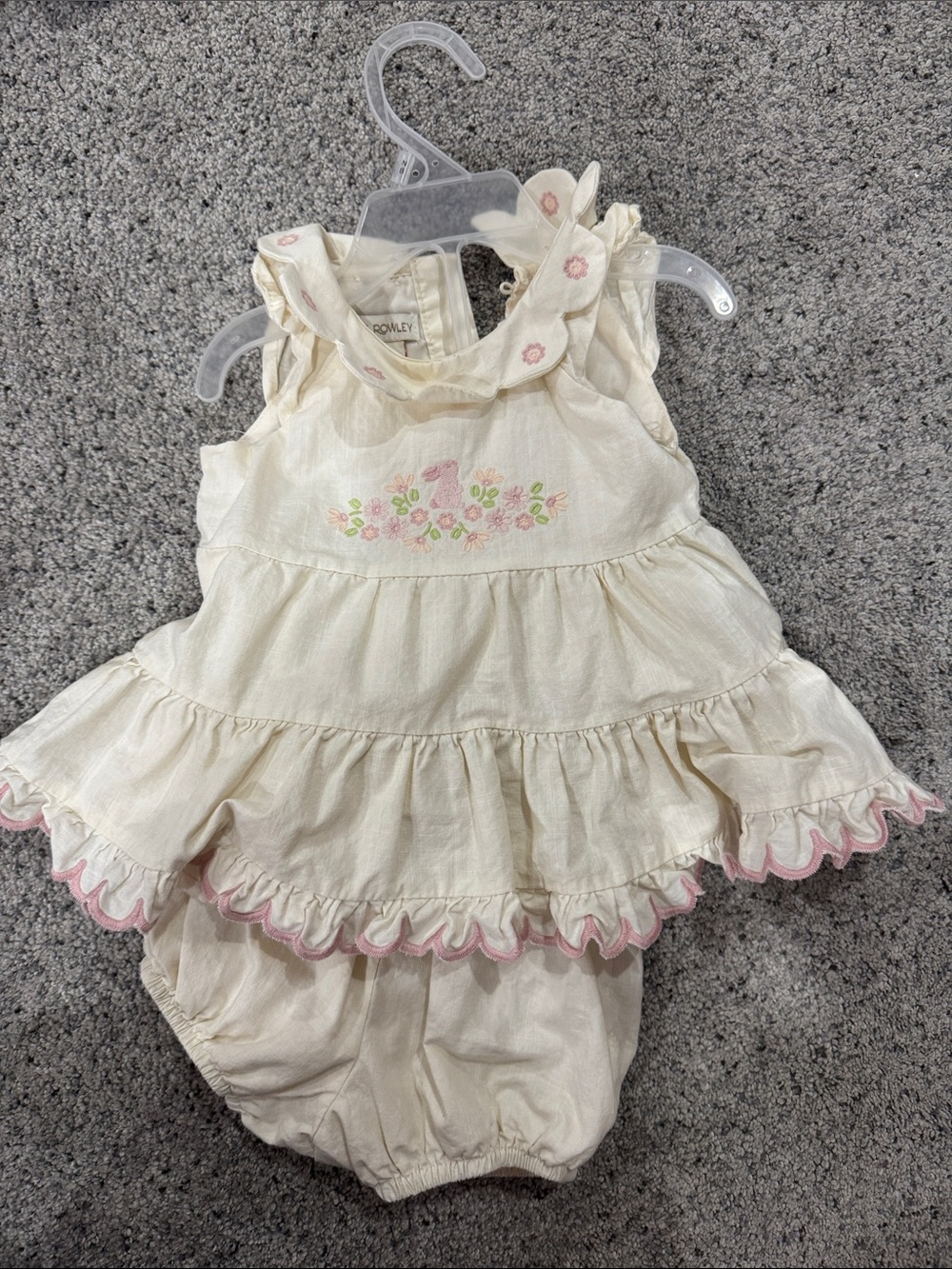 Cynthia Rowley Cream Ruffle Dress with Pink Floral Embroidery